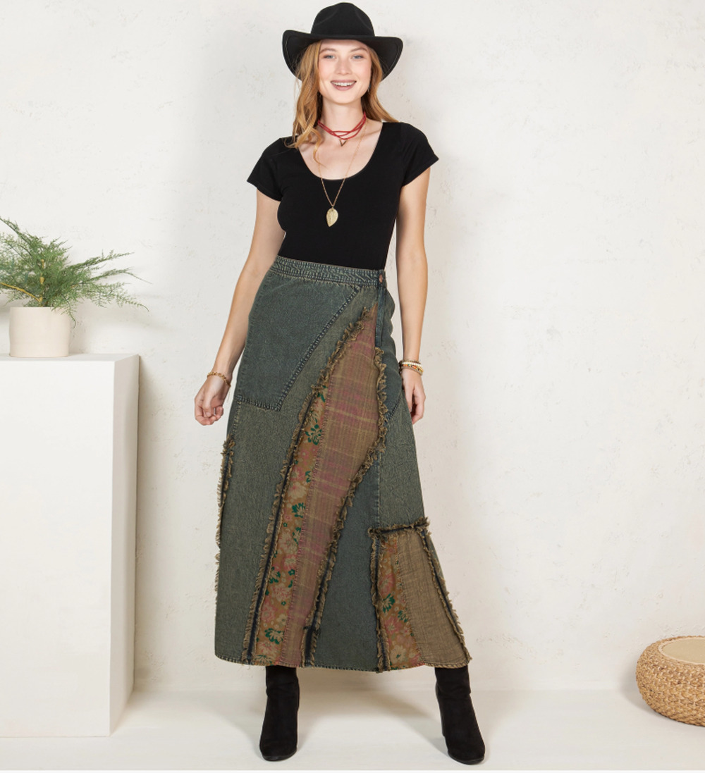 Young Threads Olive Patchwork Denim Midi Skirt L NWT - Rustic Romance